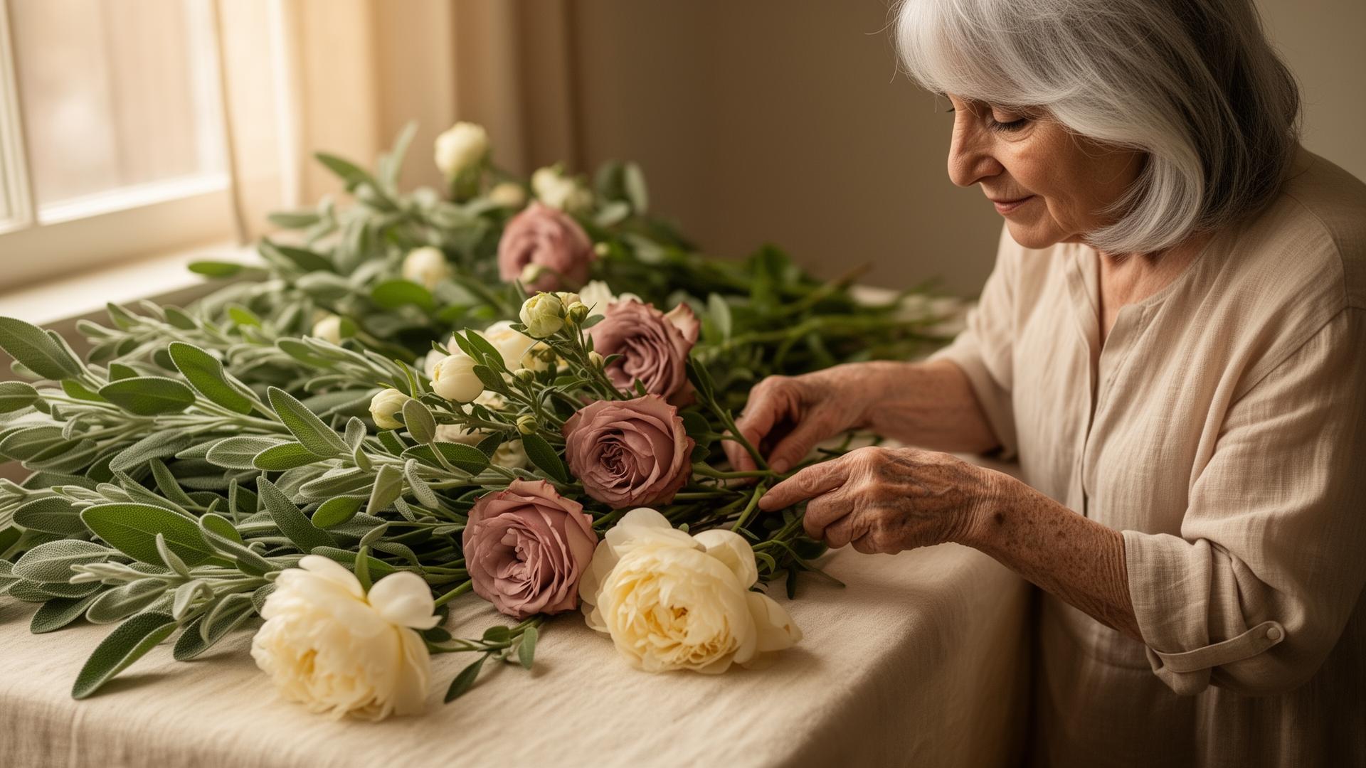 An elderly woman gently arranging sage and dusty roses in warm window light