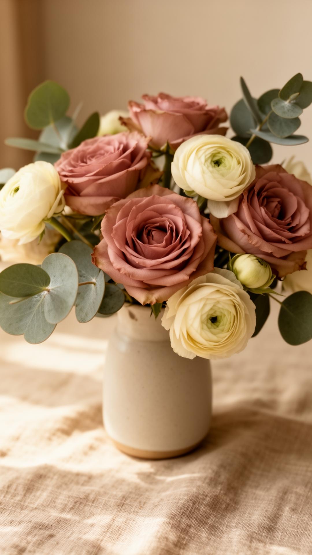 A still life of dusty roses and ranunculus in a ceramic vase
